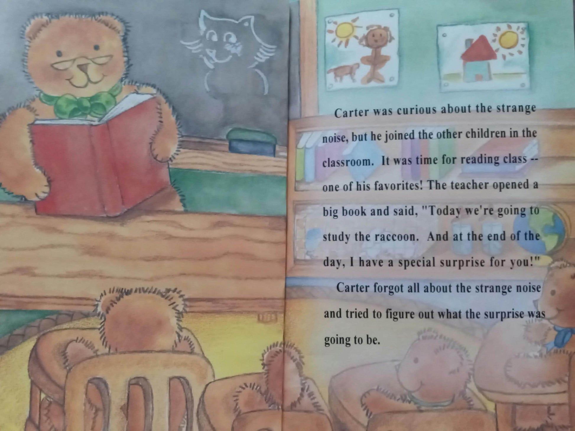 Illustrated personalized book page with a bear reading a book in a classroom setting school is fun