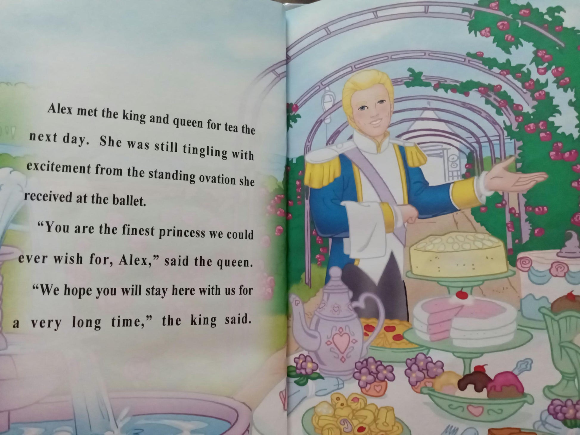 Illustrated personalized book page with a princess and king at a tea party.