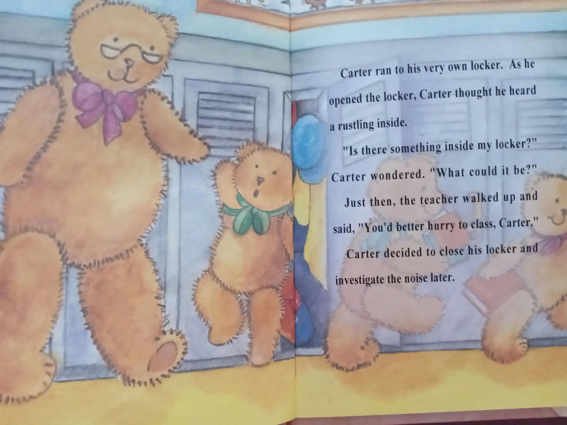 Illustrated personalized book page with teddy bears and text inside a classroom.