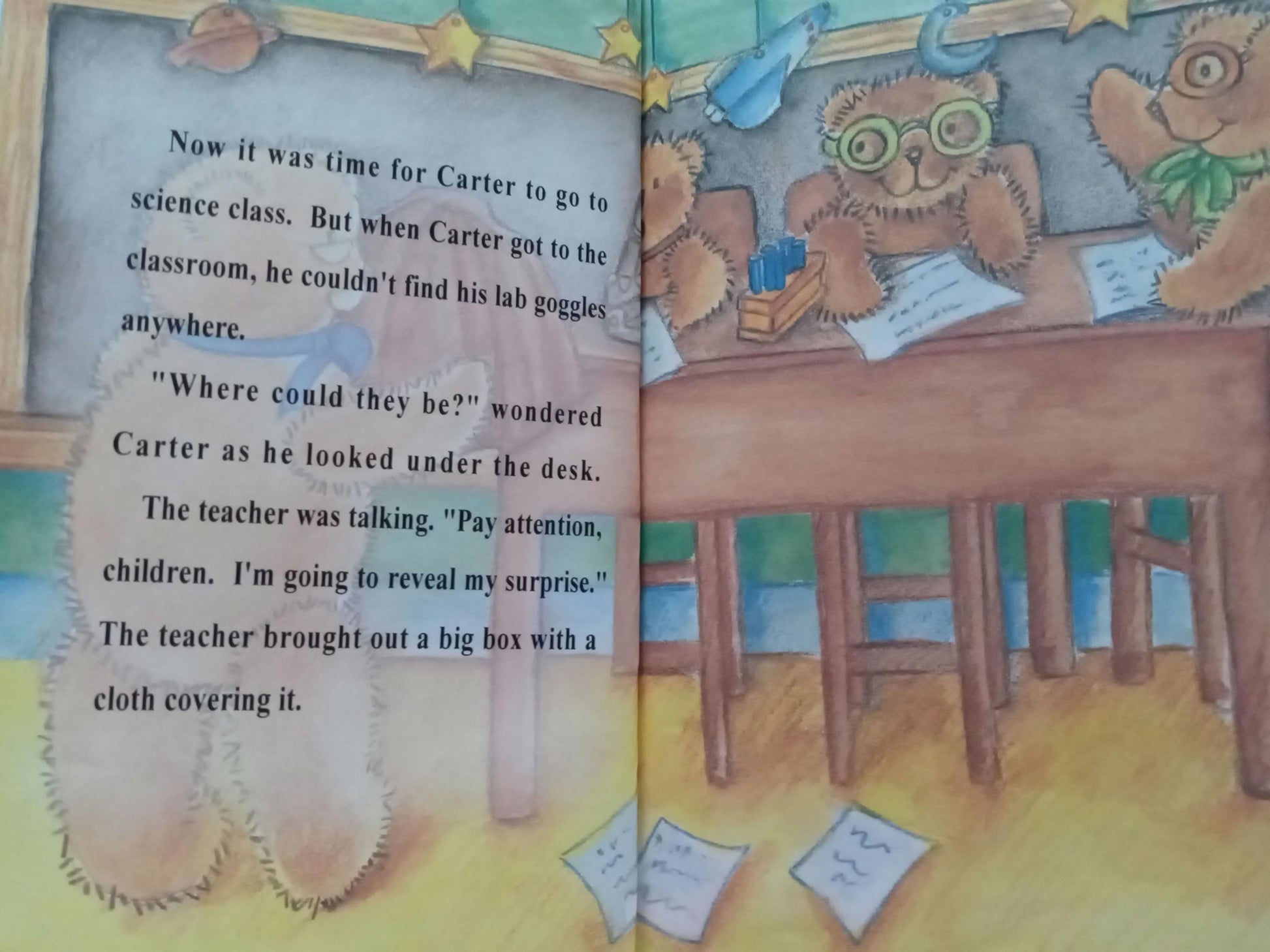 Illustrated personalized book open to a page with a bear character in a classroom setting school is fun
