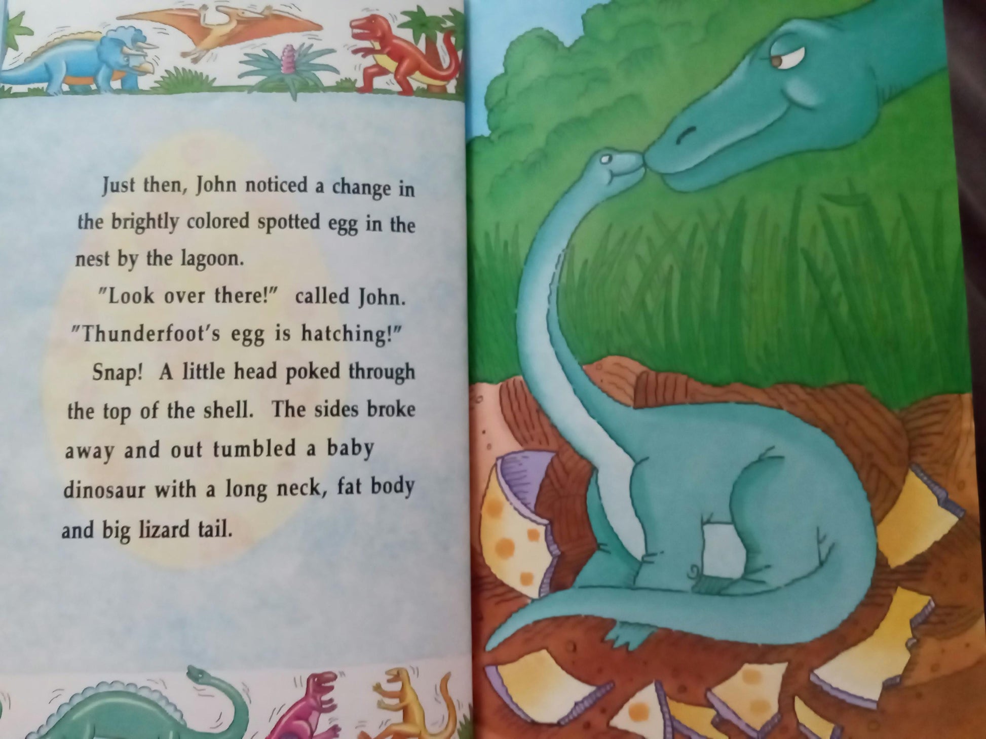 Open personalized  book page with dinosaur illustration and personalized text about a hatching baby dinosaur.
