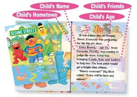 Sesame Street-themed personalized book with character images and personalized text example page showing how child's name and friends are in the book