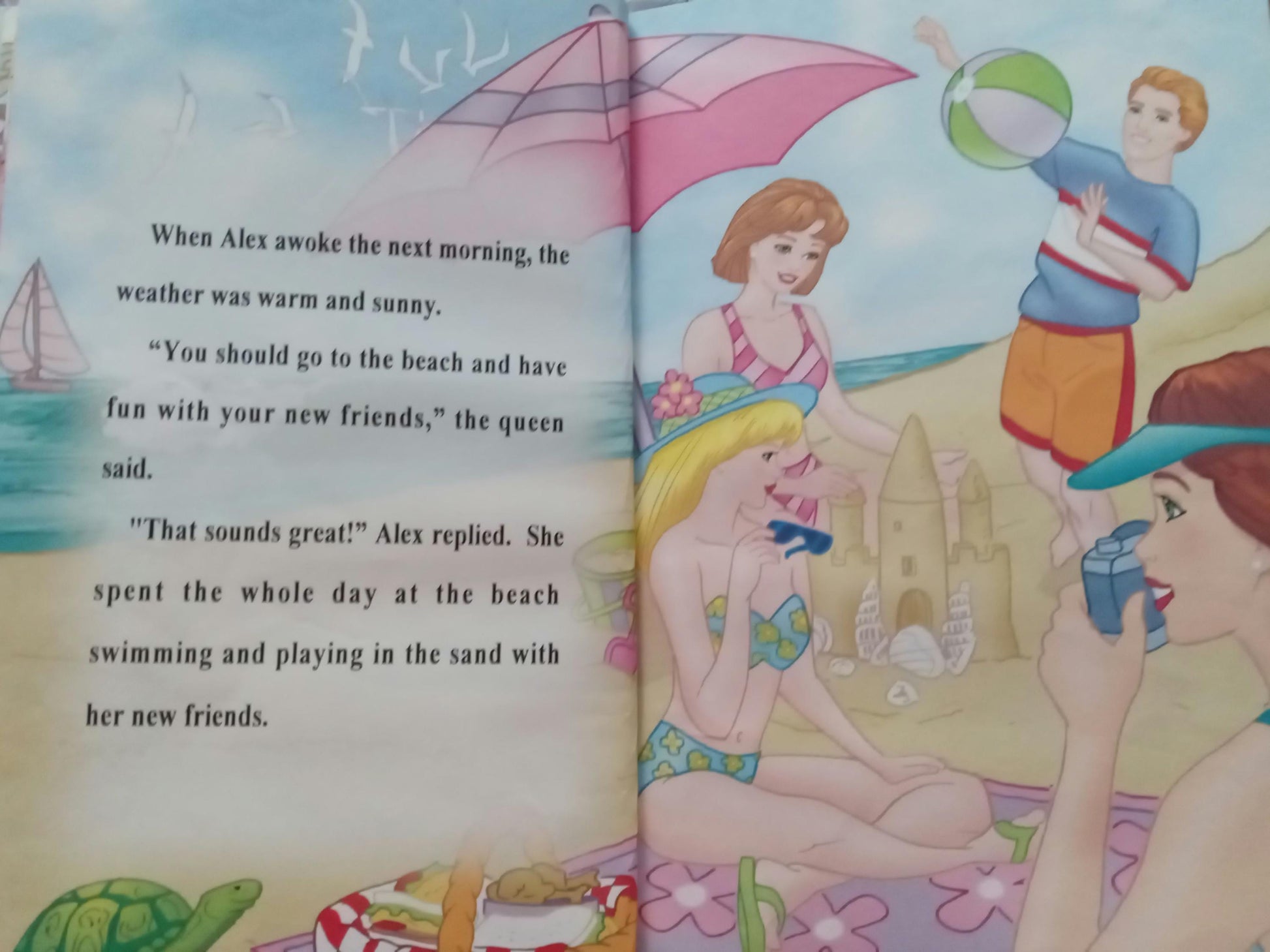 Illustrated book page with beach scene and characters, featuring personalized text about your child