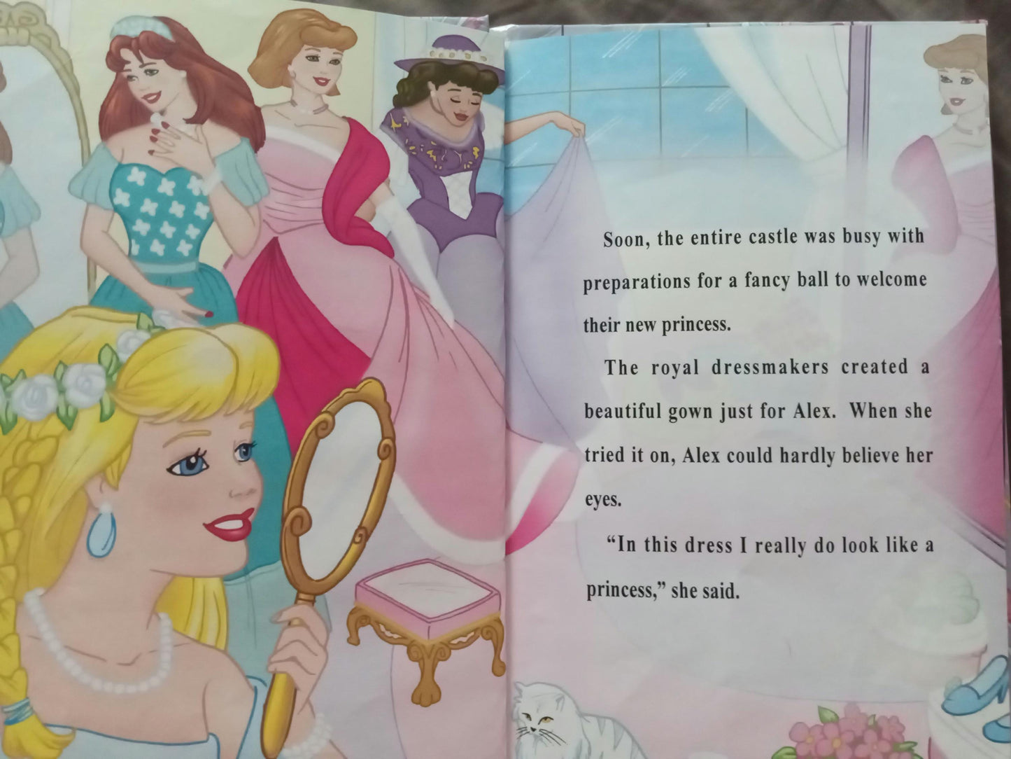 Illustrated personalized book page with princesses and a story about your child as a new princess and a beautiful gown.
