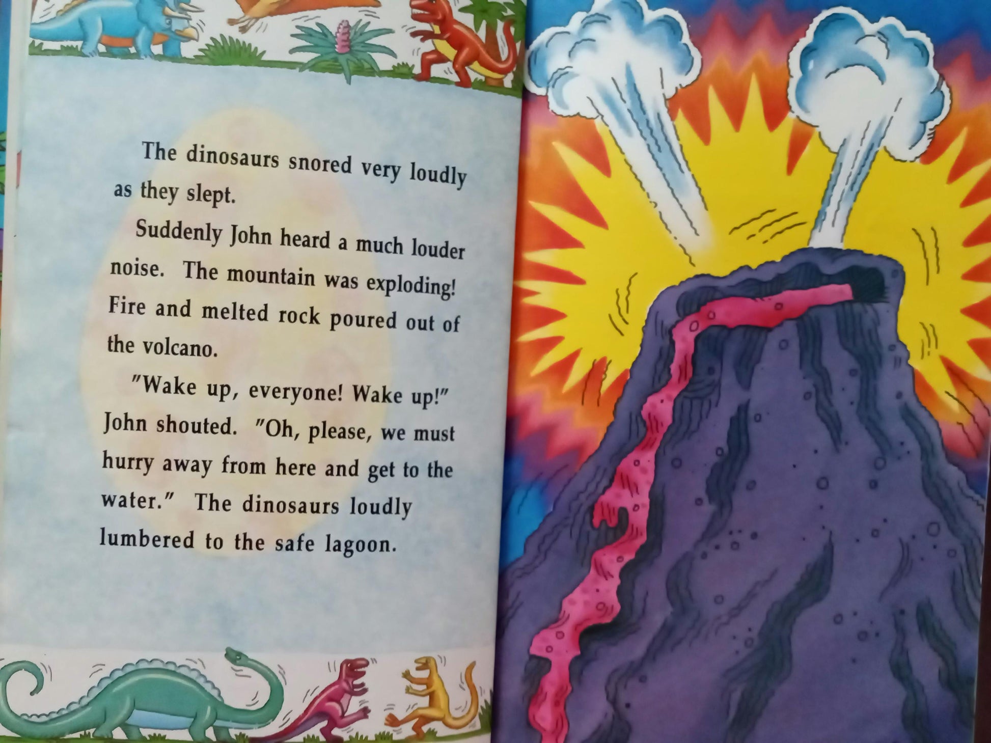 Page from a children's personalized book with a volcano eruption illustration and personalized text in dinosaur land