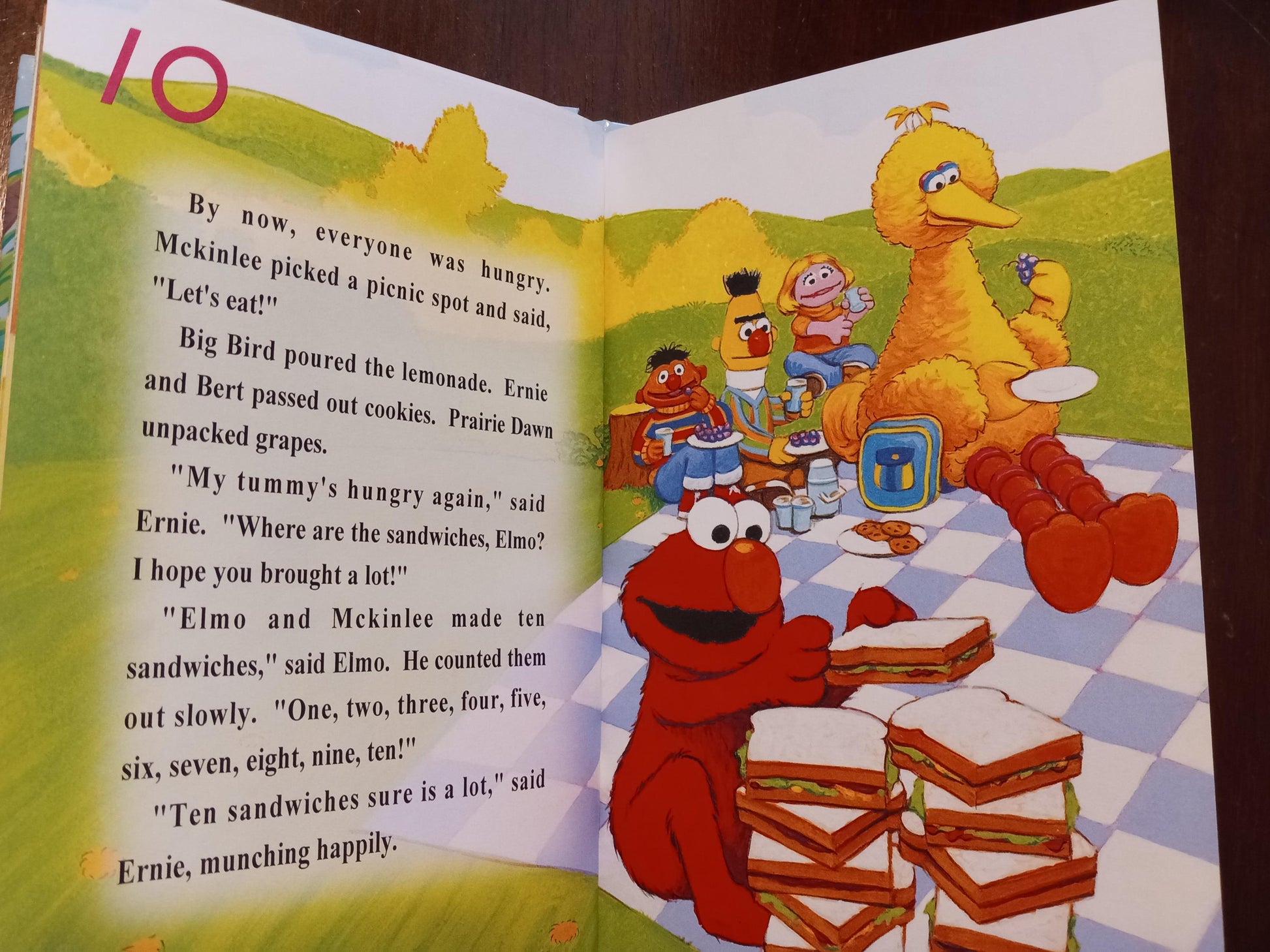 Sesame Street personalized book open to a page with Elmo and Big Bird on a picnic