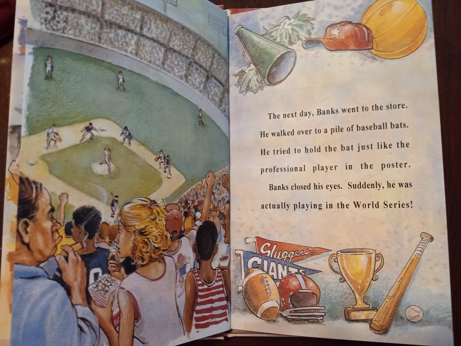 Illustrated personalized book open to a page with a baseball game scene and personalized text sports superstar sample page 2