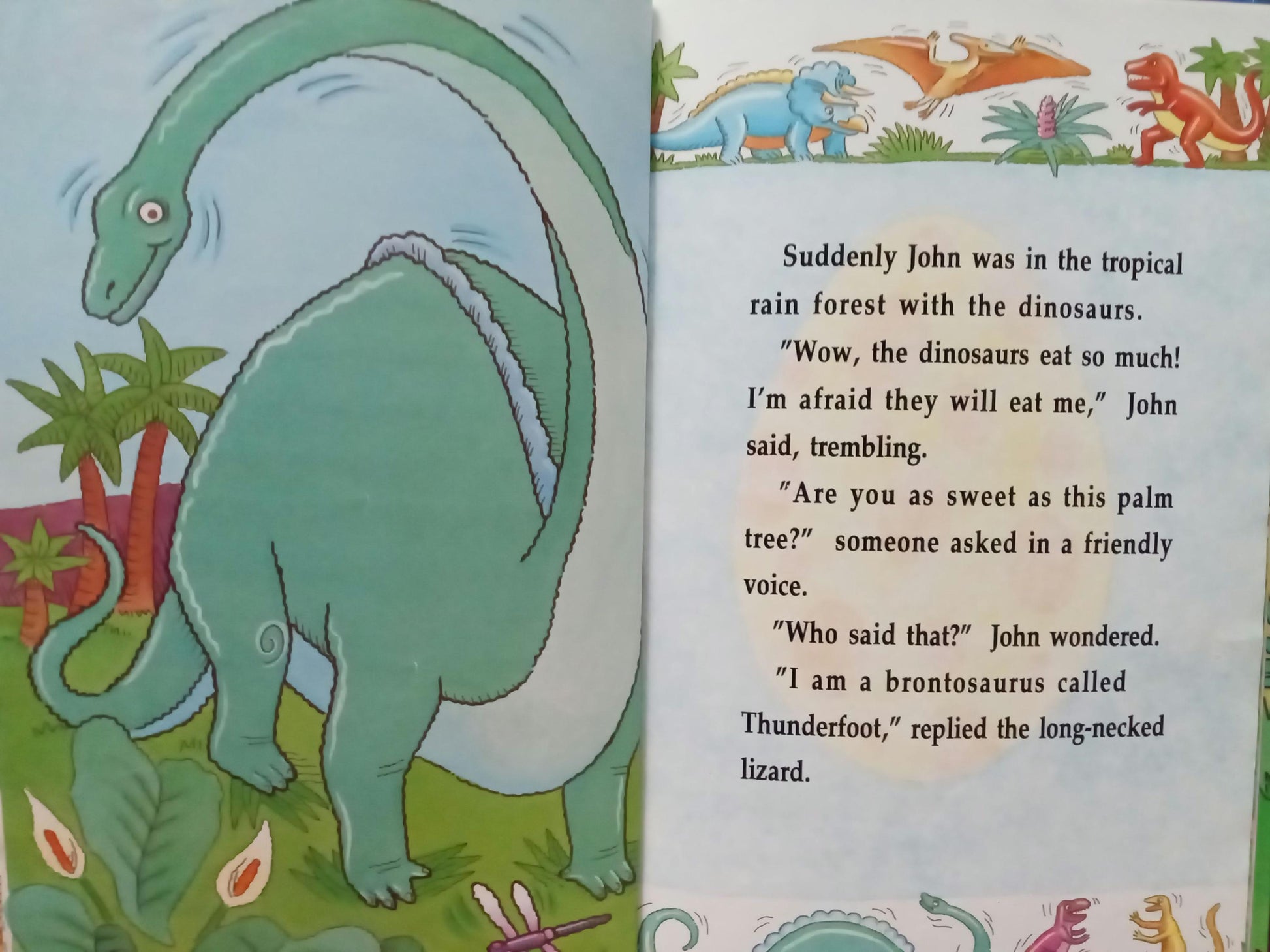 Children's personalized book page with a dinosaur illustration and personalized text in dinosaur land
