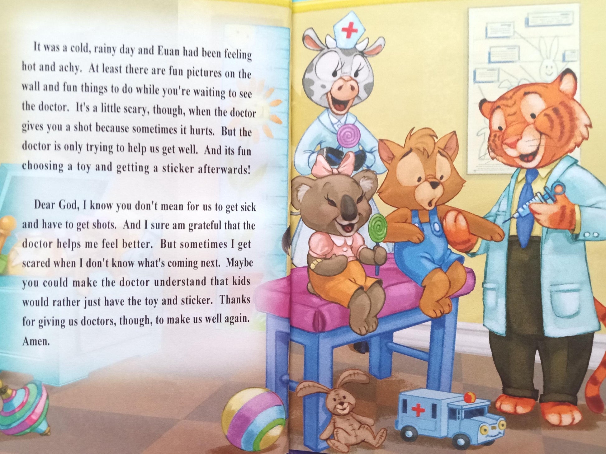 Illustrated book page with cartoon animals in a doctor's office setting
