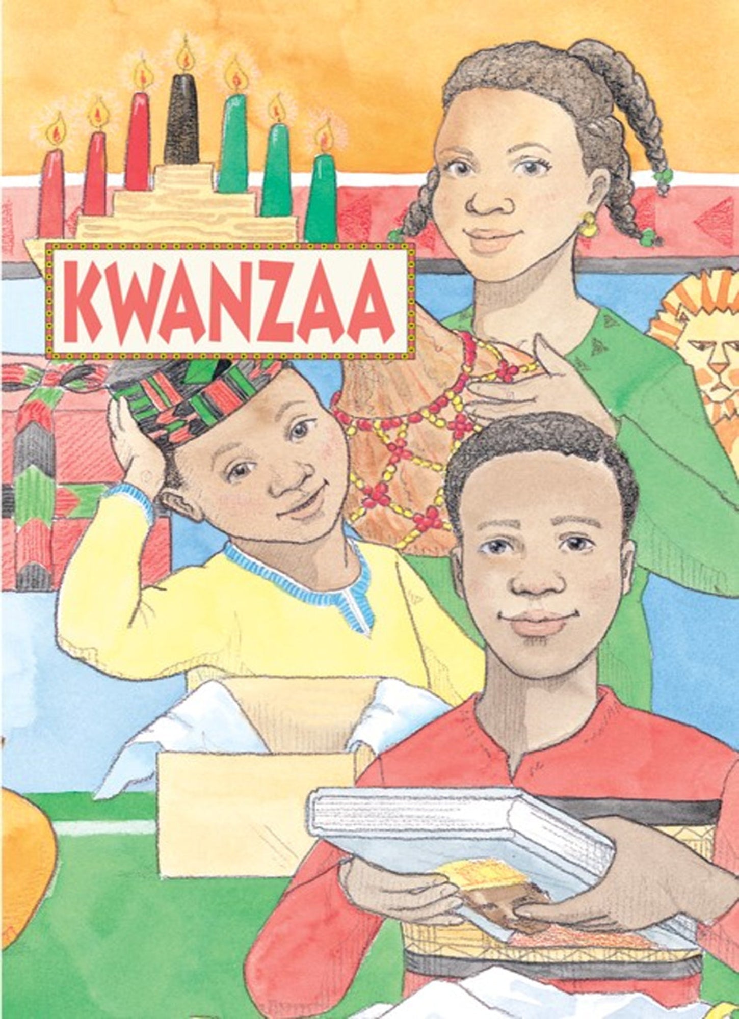 Illustrated book cover of 'Kwanzaa' with a family celebrating the holiday. Personalized book for the holidays with the child the focus of the story - The Lollipop Guild