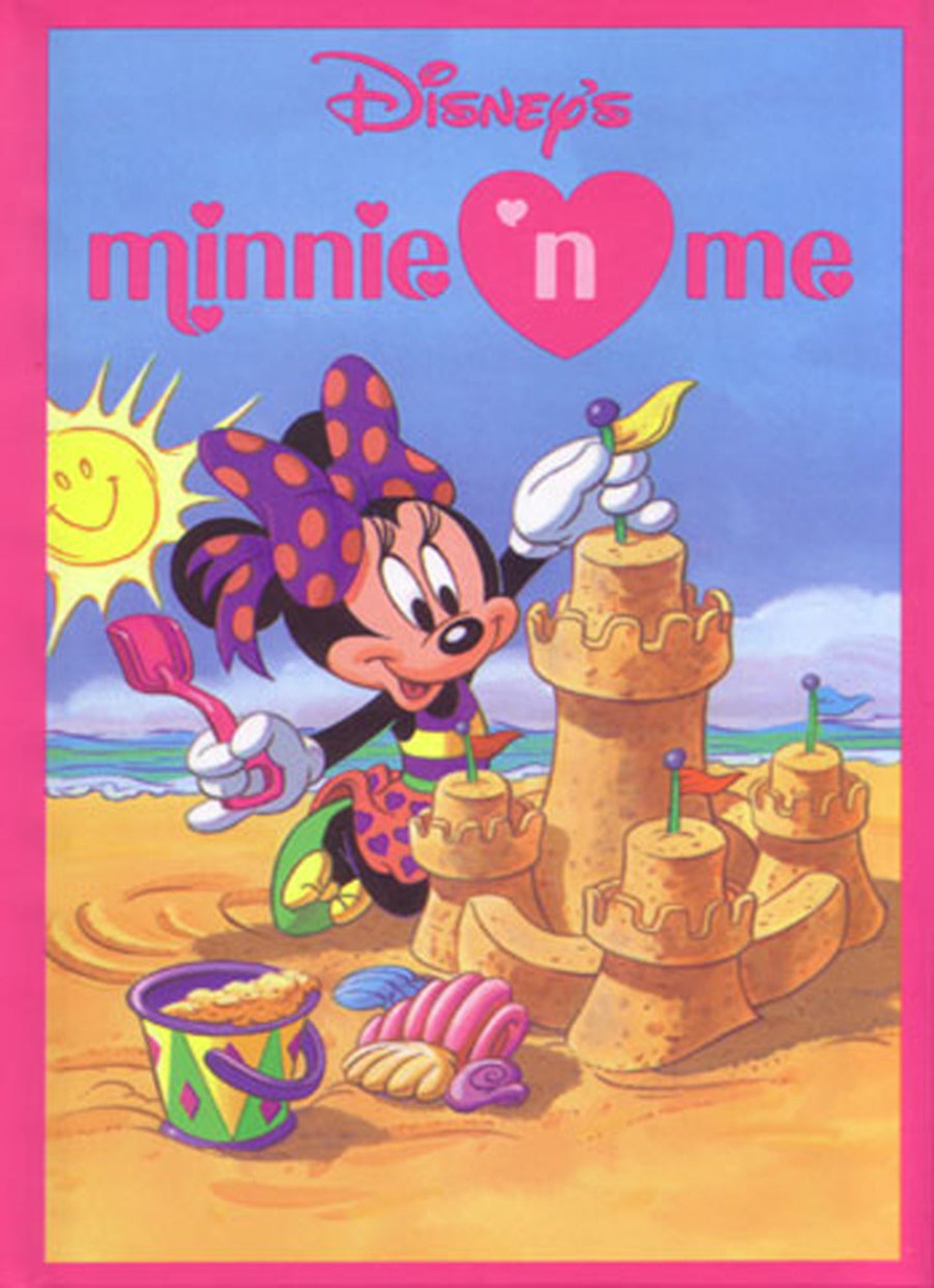 Minnie Mouse personalized book. Cartoon character building sandcastles on a beach with 'Disney's Minnie Loves Me' text.