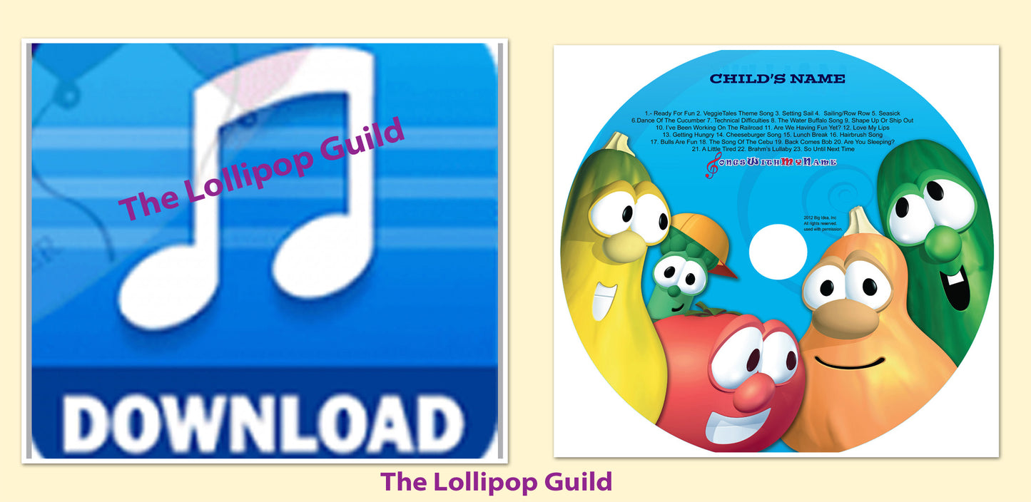 VeggieTales™ Silly Songs Personalized CD, Digital or Combo Name Sung/Said 47 times-  Custom Made to Order - The Lollipop Guild