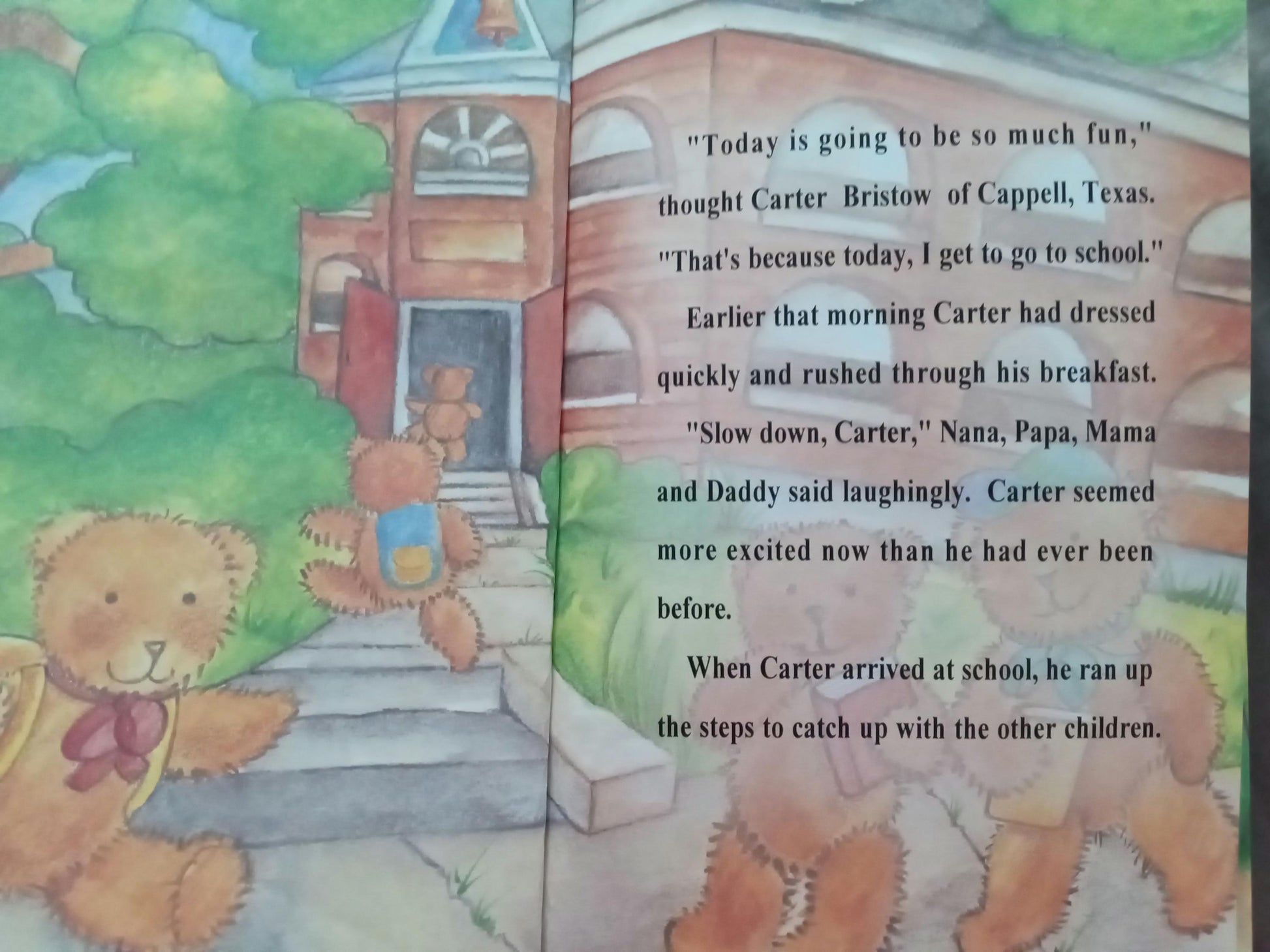 Illustrated personalized book page with teddy bears and text about a child going to school.