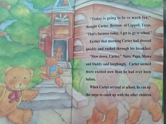 Illustrated personalized book page with teddy bears and text about a child going to school.