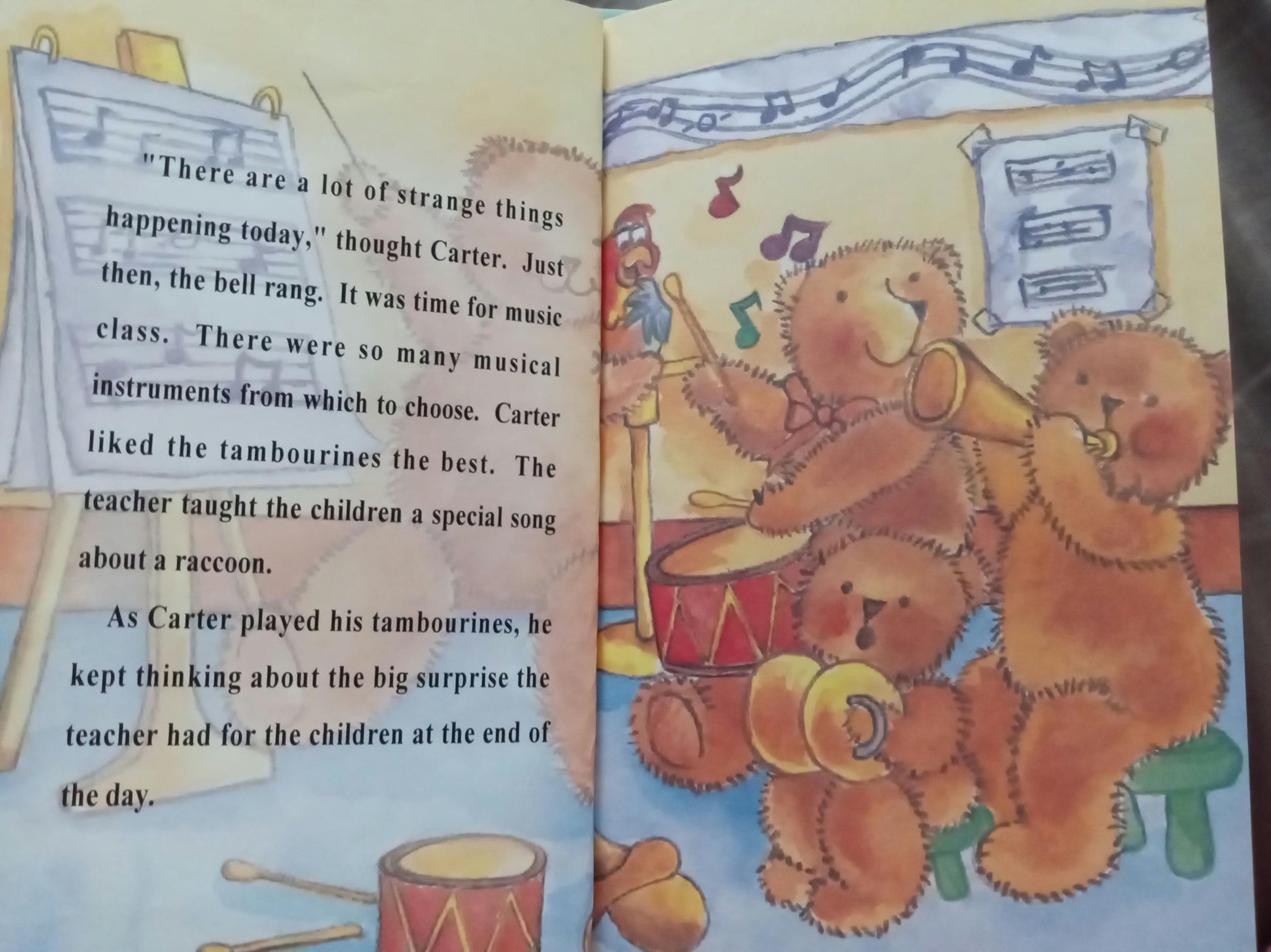 Open personalized book with illustrated page of two bears playing musical instruments in school is fun