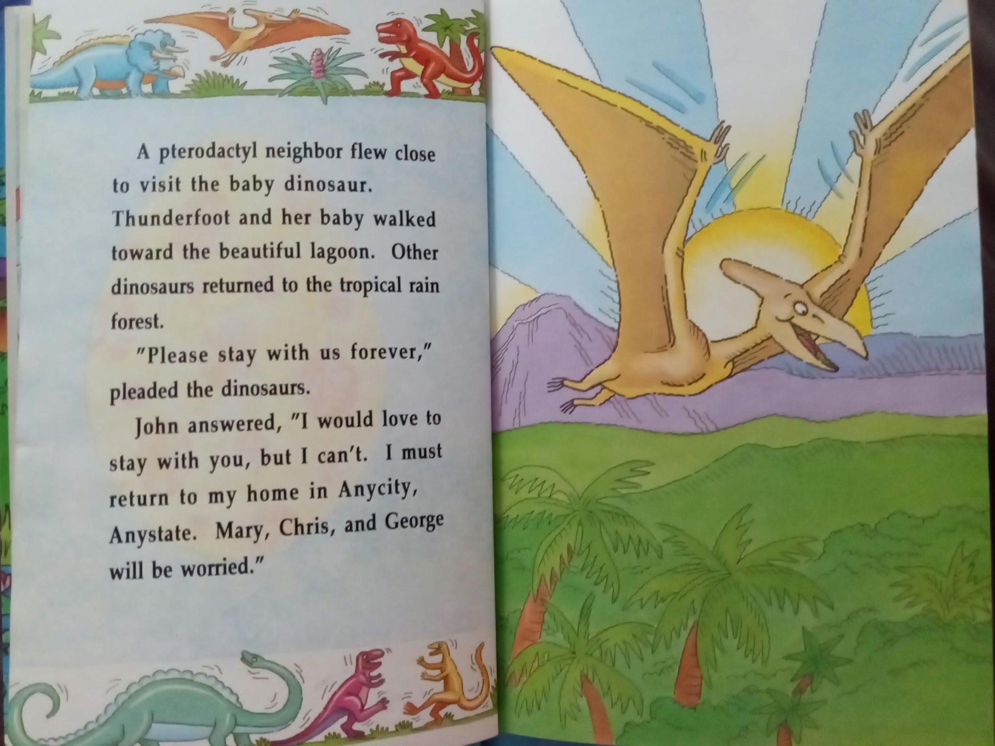 Children's personalized book open to a page with dinosaur illustrations and personalized text.