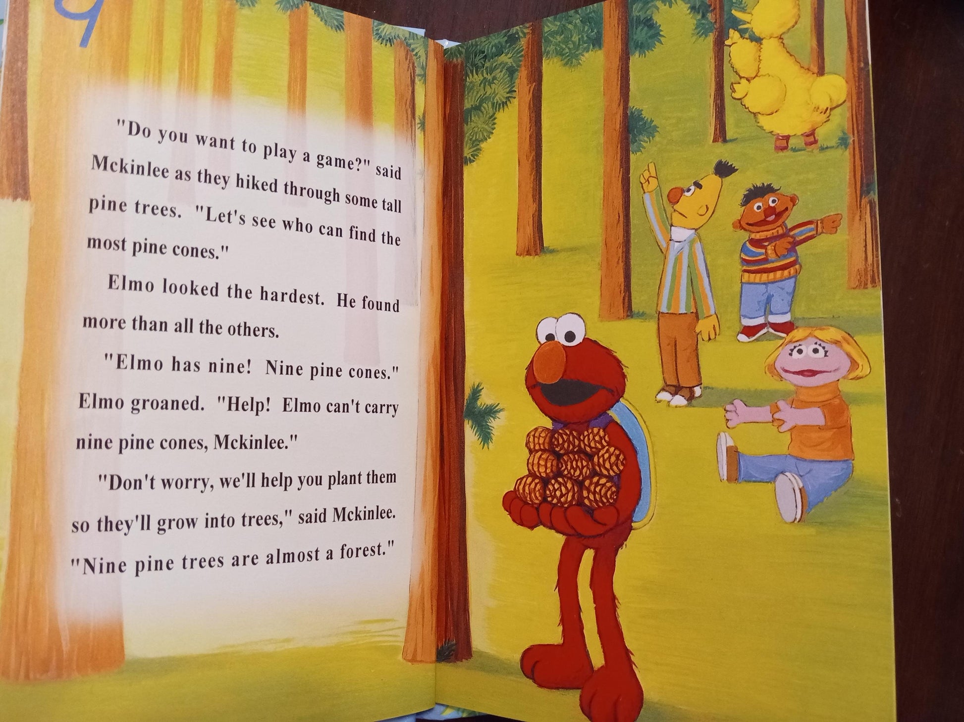 Illustrated personalized book page from Sesame Street with Elmo and friends in a forest setting helping your child count