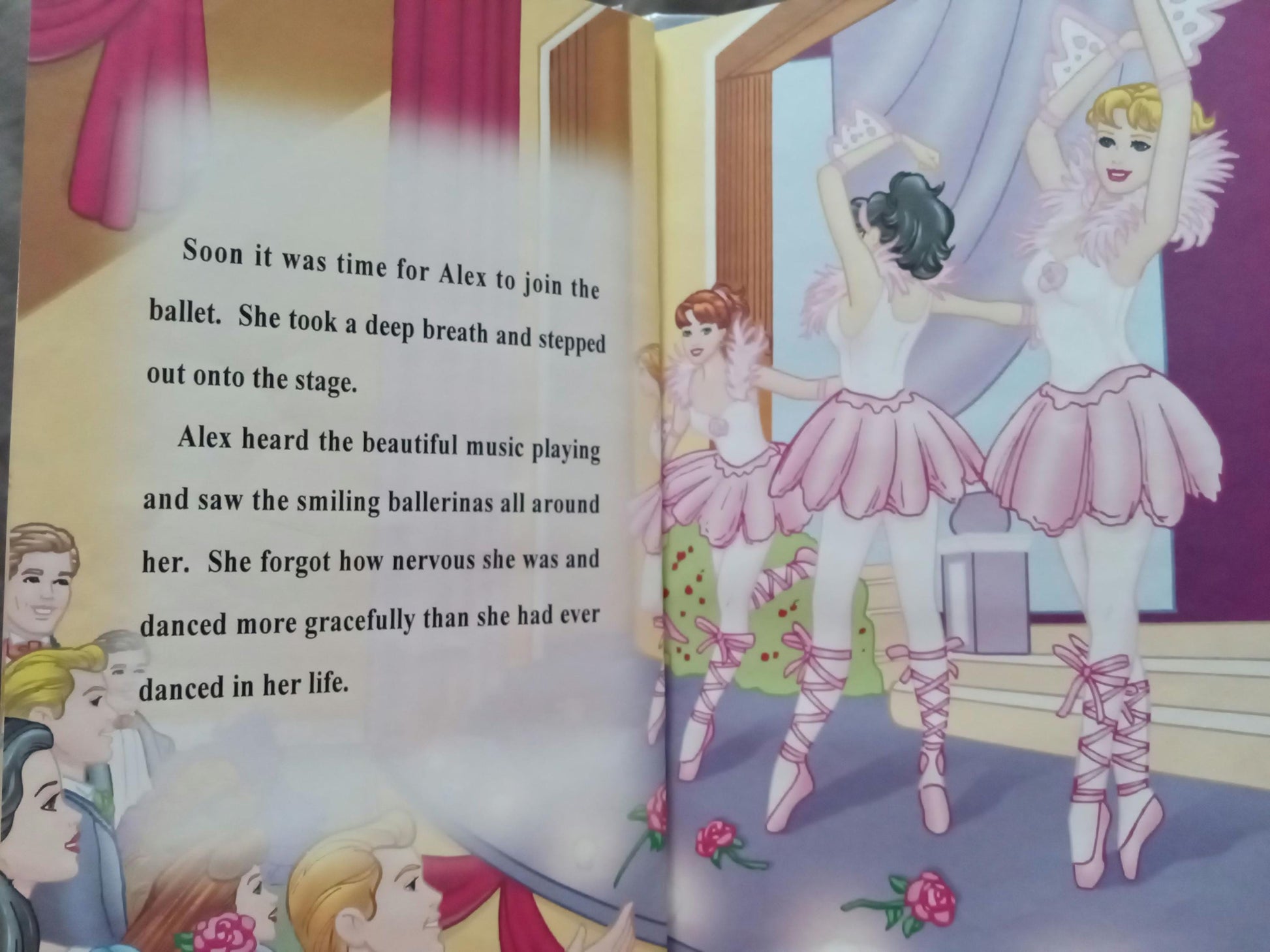 Illustrated book page with ballerinas and text about your child joining ballet. Your child's name throughout entire personalized hardback book
