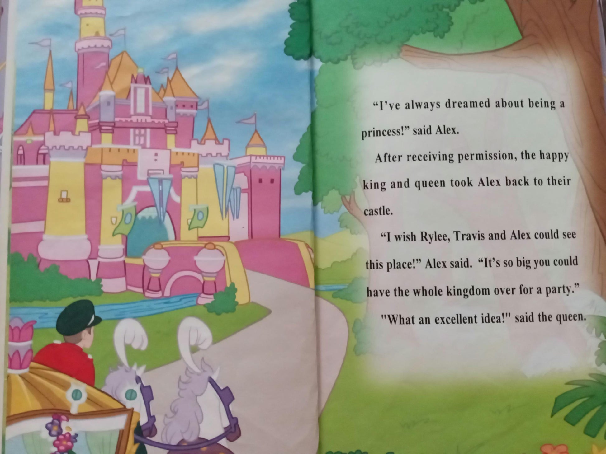 Illustrated personalized book page with a princess castle and characters, featuring personalized text about a ballerina princess