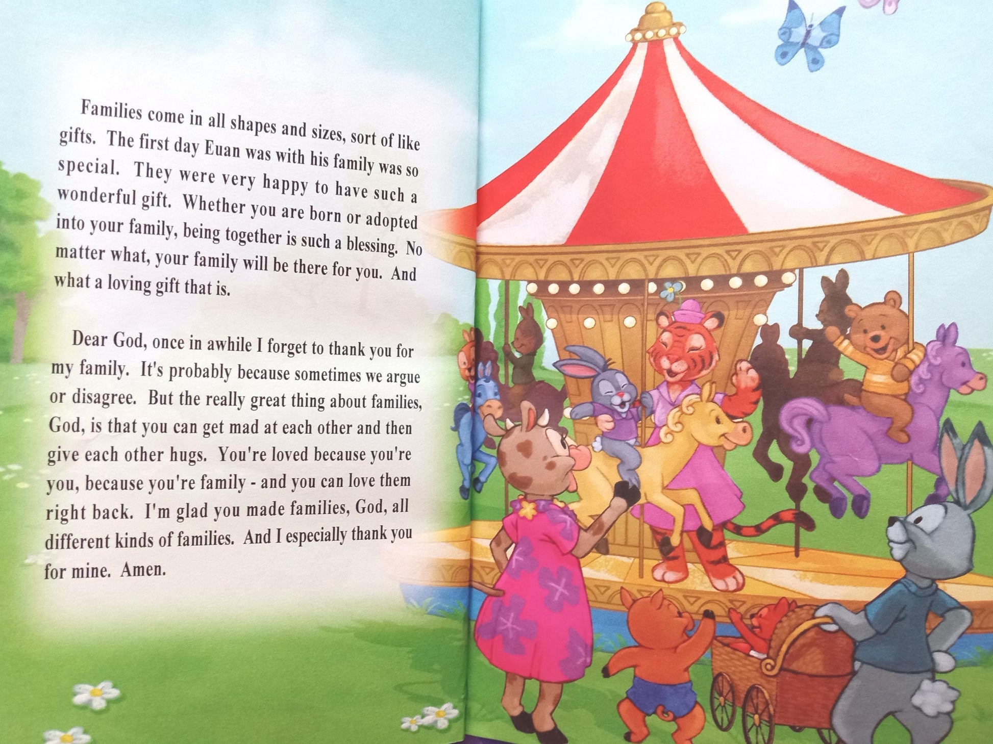 Children's book open to a page with a colorful carousel illustration and personalized text.
