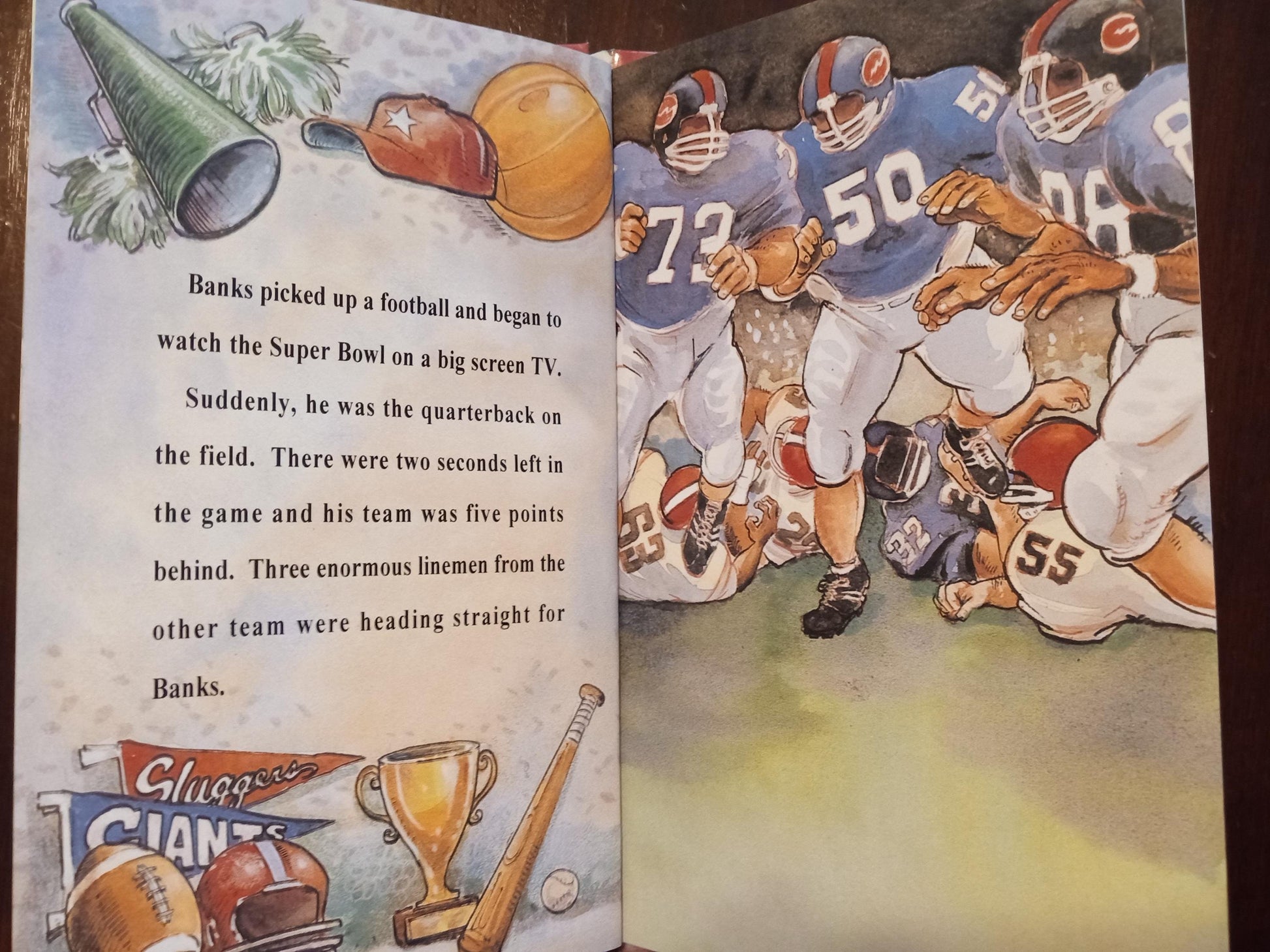 Illustrated personalized book page with football-themed graphics and personalized text.