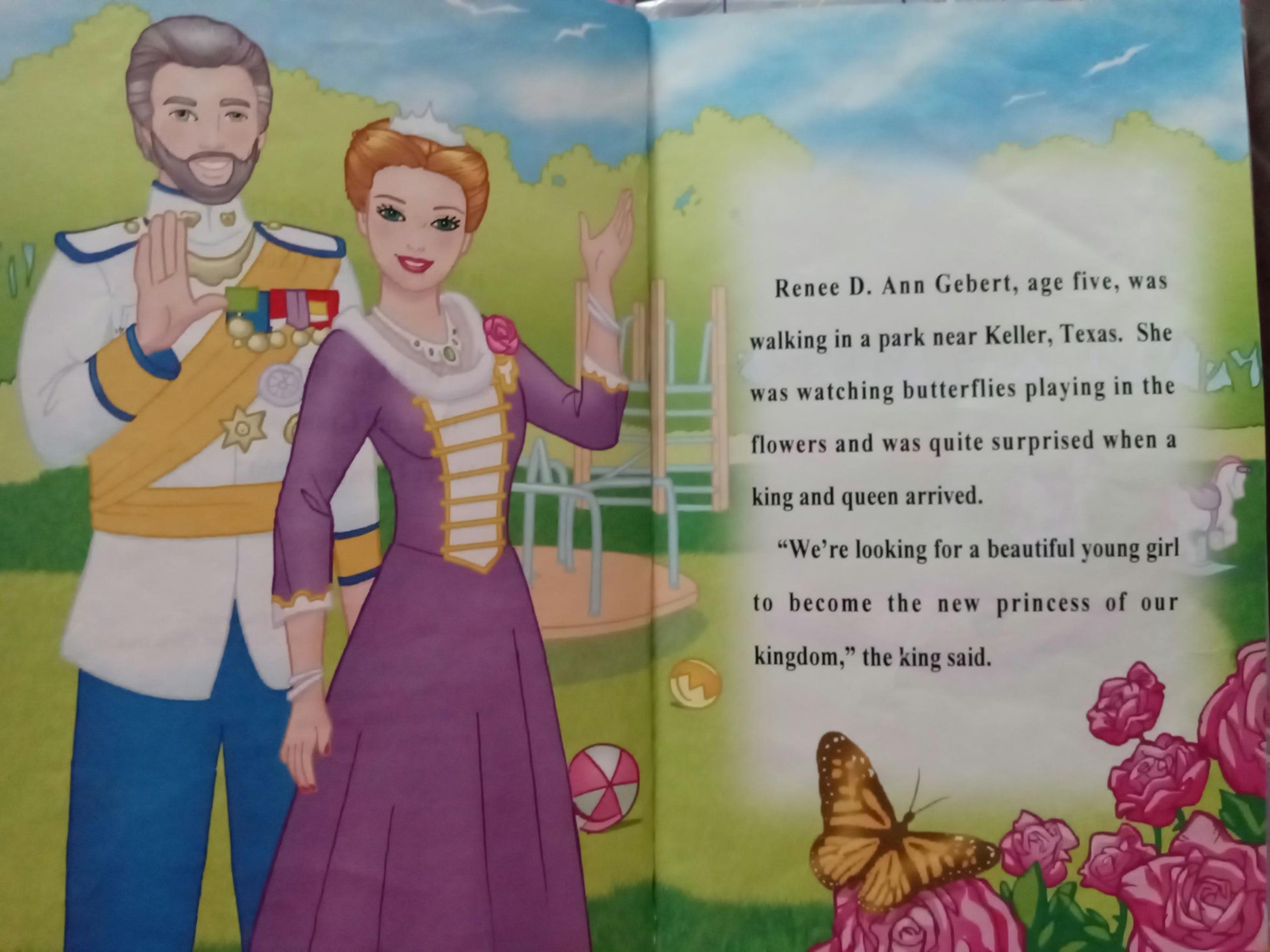 Illustrated personalized book page with a king and queen