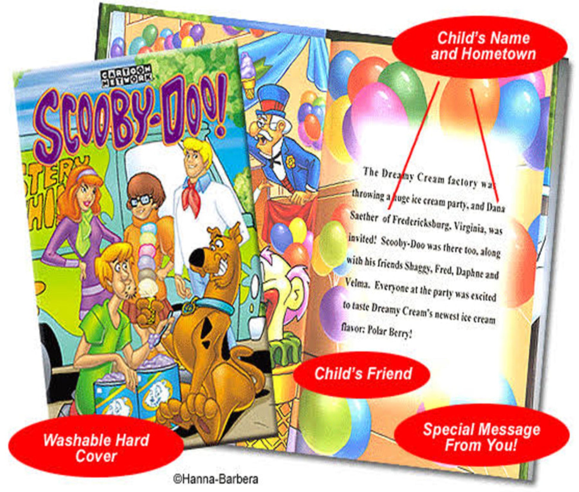 Scooby-Doo personalized book with colorful cover and text, featuring child, Scooby and friends