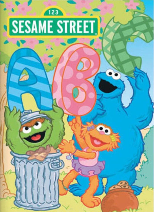 Sesame Street personalized book with Cookie Monster, Oscar the Grouch, and Elmo holding letters A and B. ABC and Me personalized book