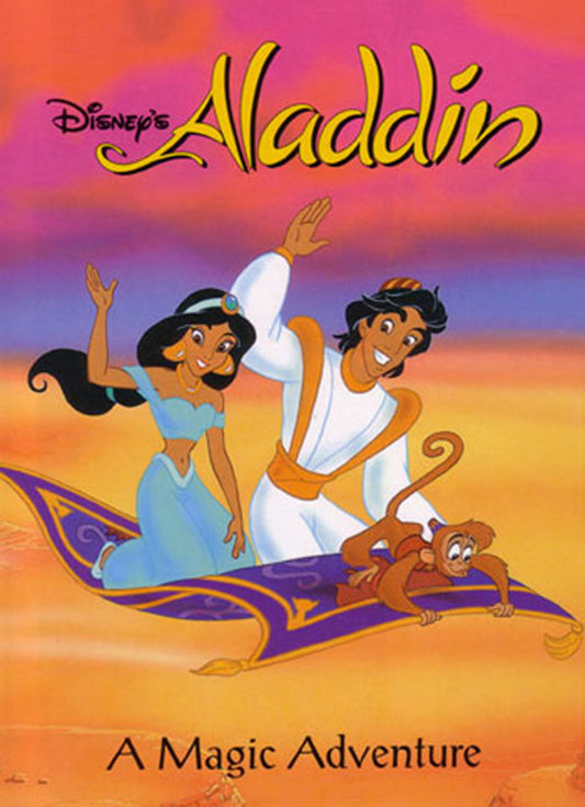 Personalized book Disney's Aladdin with characters on a magic carpet against a colorful background