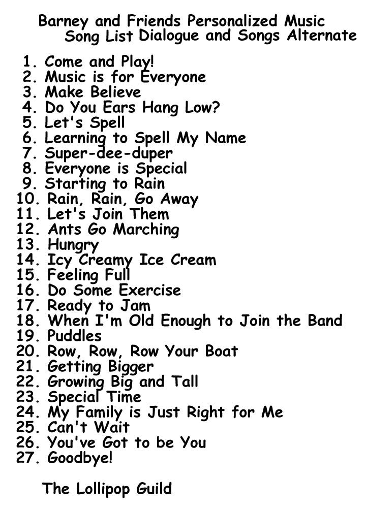 List of personalized music song titles and dialogue for Barney and Friends -The Lollipop Guild