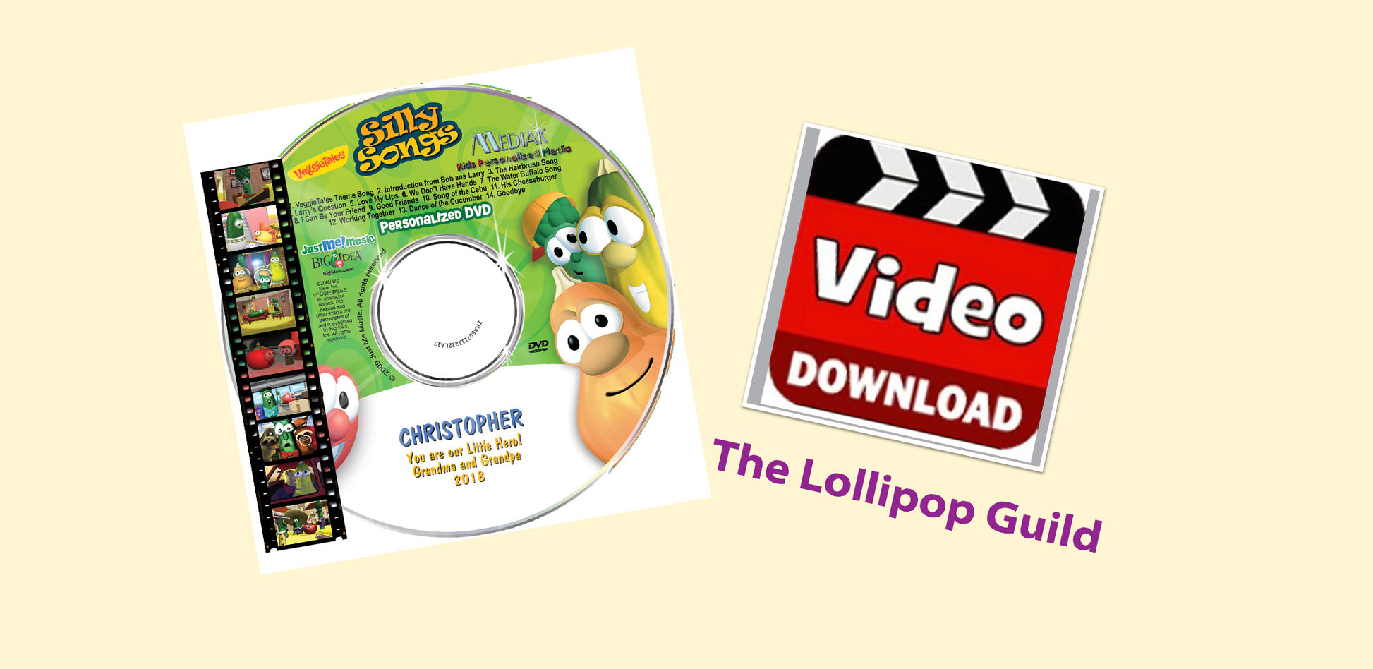 VeggieTales™ Silly Songs Personalized Cartoon DVD, Digital or Combo - Name Sung/Said 47 times - Watch the Veggie Tales sing your child's name - Made to order - The Lollipop Guild
