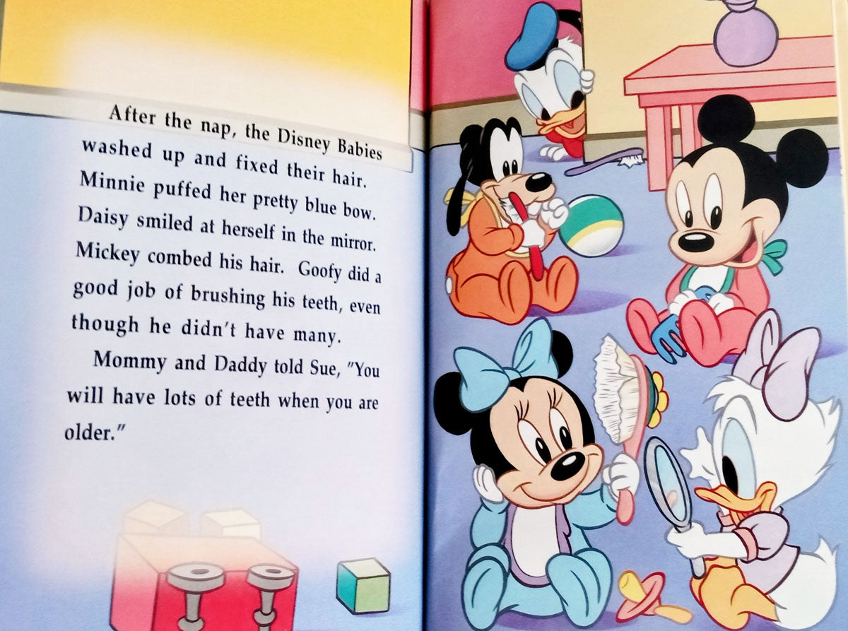 Disney babies Mickey, Minnie, Goofy, Donald and Daisy brushing their teeth and combing their hair - The Lollipop Guild
