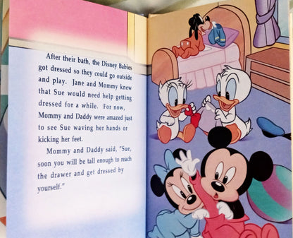 Disney babies Goofy, Mickey, Minnie, Daisy and Donald getting dressed for the day personalized book - The Lollipop Guild