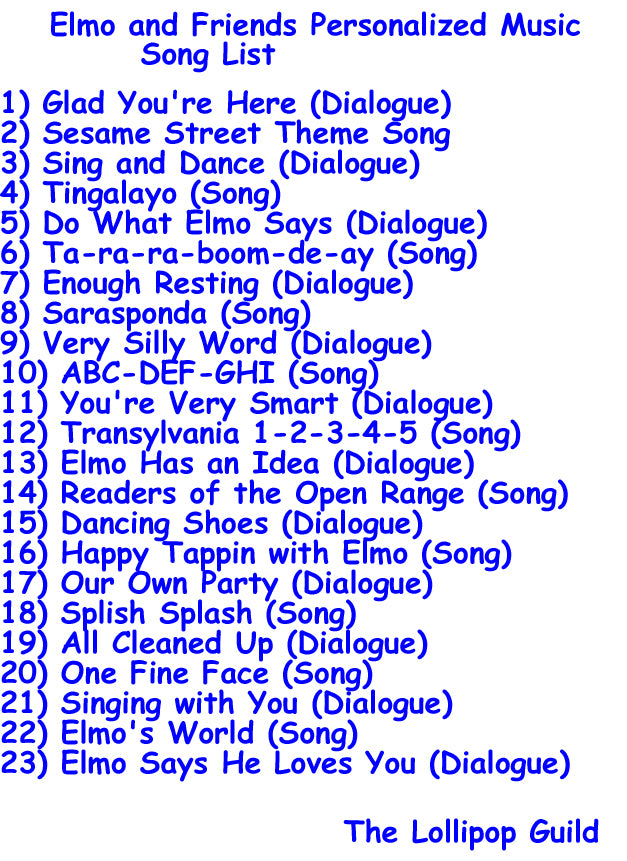 Song list for Elmo and Friends personalized music - The Lollipop Guild