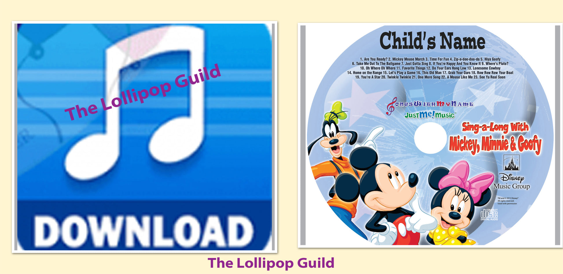 Mickey, Minnie and Goofy™ Personalized CD or CD + Digital Combo - Your child's name sung 80 times by the Disney™ Characters  Custom Made to Order - The Lollipop Guild
