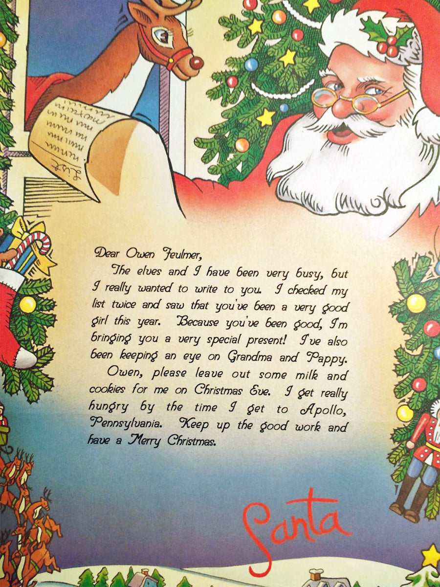 Vintage-style Christmas card with Santa Claus, reindeer, and Christmas tree  Personalized letter from Santa