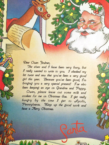 Vintage-style Christmas card with Santa Claus, reindeer, and Christmas tree  Personalized letter from Santa