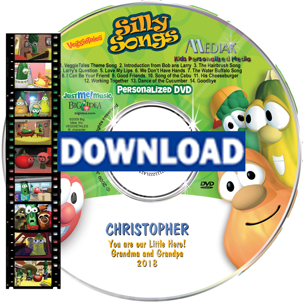 VeggieTales™ Silly Songs Personalized Cartoon DVD, Digital MP4 or Combo - Name Sung/Said 47 times - Watch the Veggie Tales sing your child's name - Made to order - The Lollipop Guild