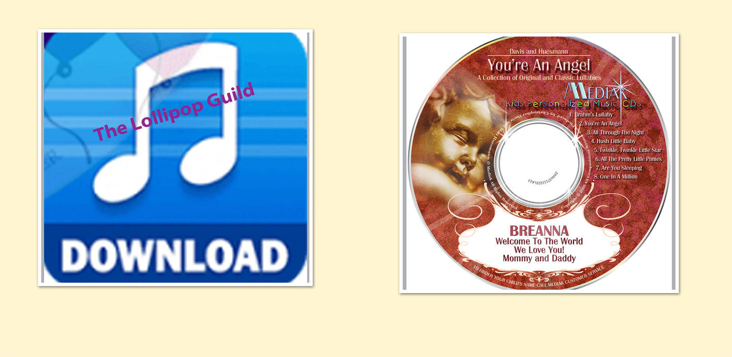 Personalized Lullabies Music CD, Digital or Combo - You're an Angel CD  Child's name sung 36 times - Custom Made to Order - The Lollipop Guild