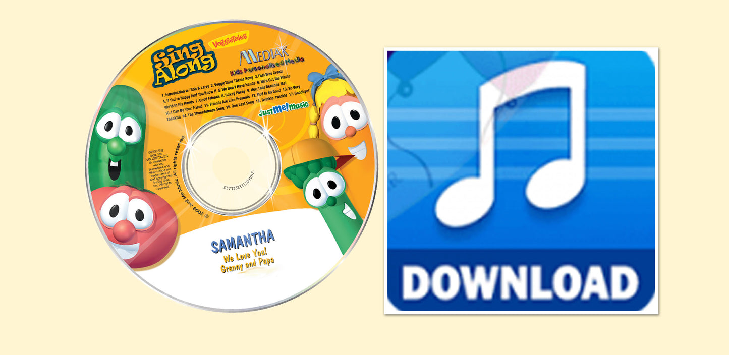 Veggie Tales™ Sing-a-long Personalized Music CD, Digital or Combo - Child's Name is Sung/Said 25 times Custom Made to Order - The Lollipop Guild