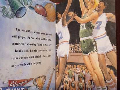 Basketball-themed personalized children's book page with illustration of players and personalized text